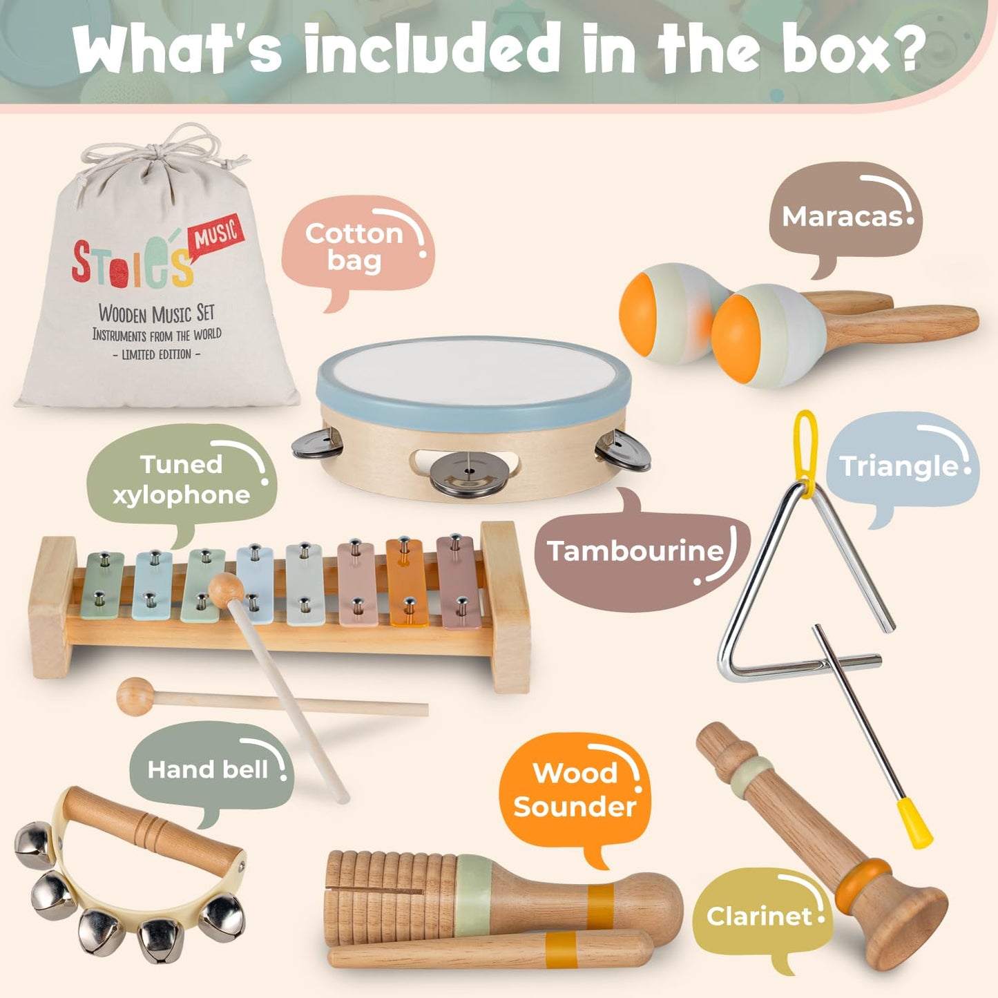 Stoie's Wooden Toddler Musical Instruments – Eco-Friendly Montessori Toy Set with Xylophone, Maracas, Triangle & More