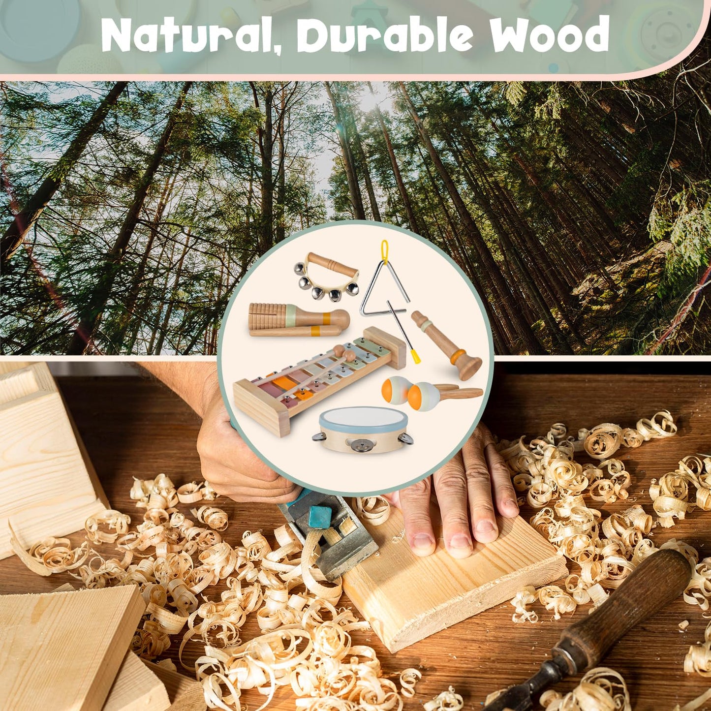 Stoie's Wooden Toddler Musical Instruments – Eco-Friendly Montessori Toy Set with Xylophone, Maracas, Triangle & More