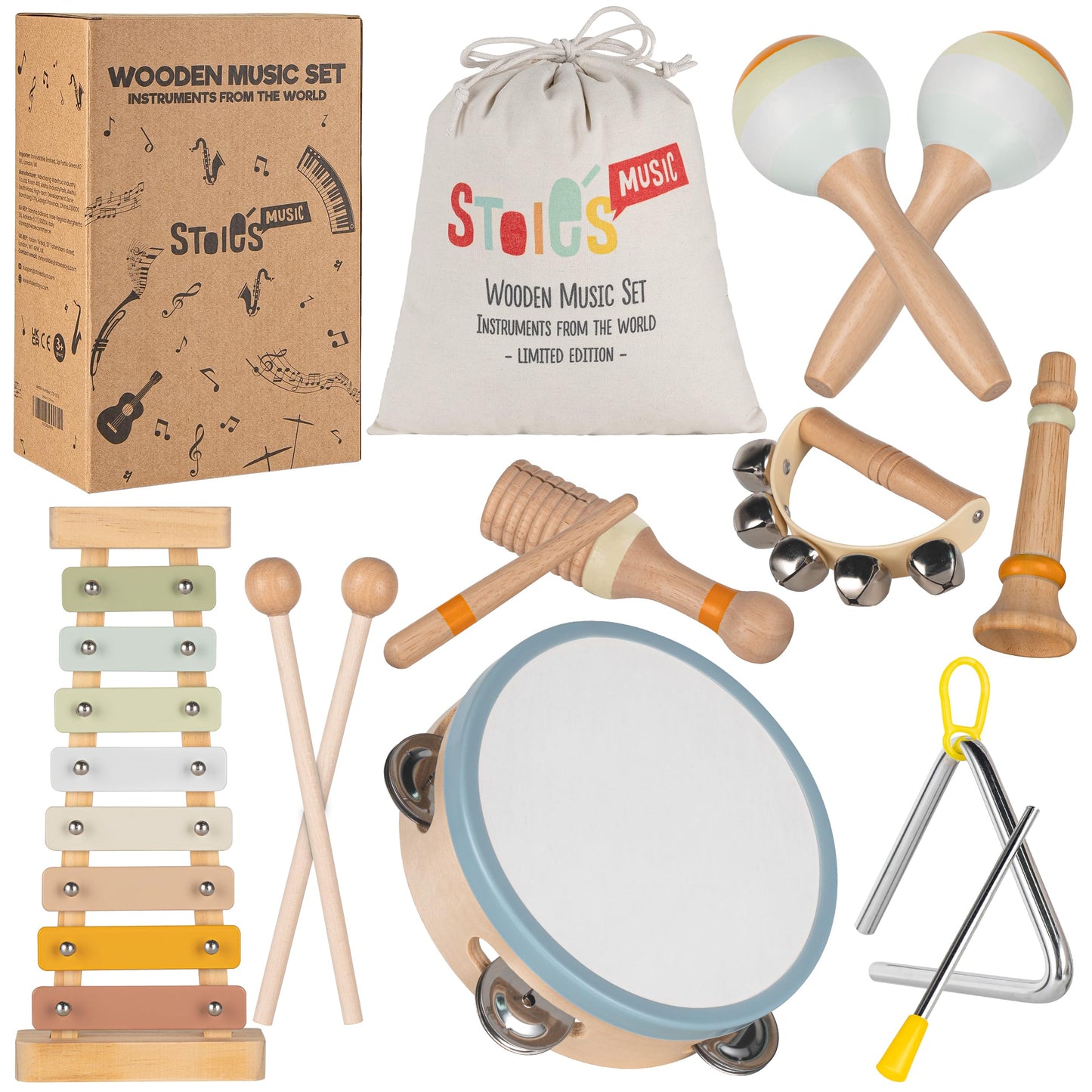 Stoie's Wooden Toddler Musical Instruments – Eco-Friendly Montessori Toy Set with Xylophone, Maracas, Triangle & More