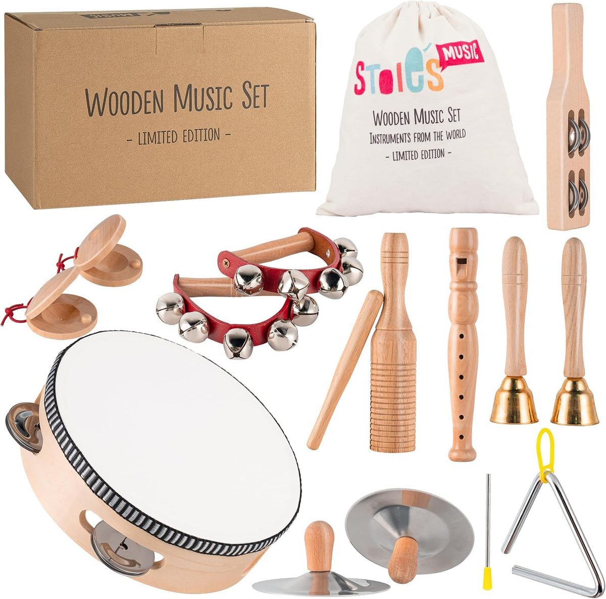 Stoie's Wooden Toddler Musical Instruments Set – Drum, Flute, Bells & More | Eco Friendly Montessori Toy
