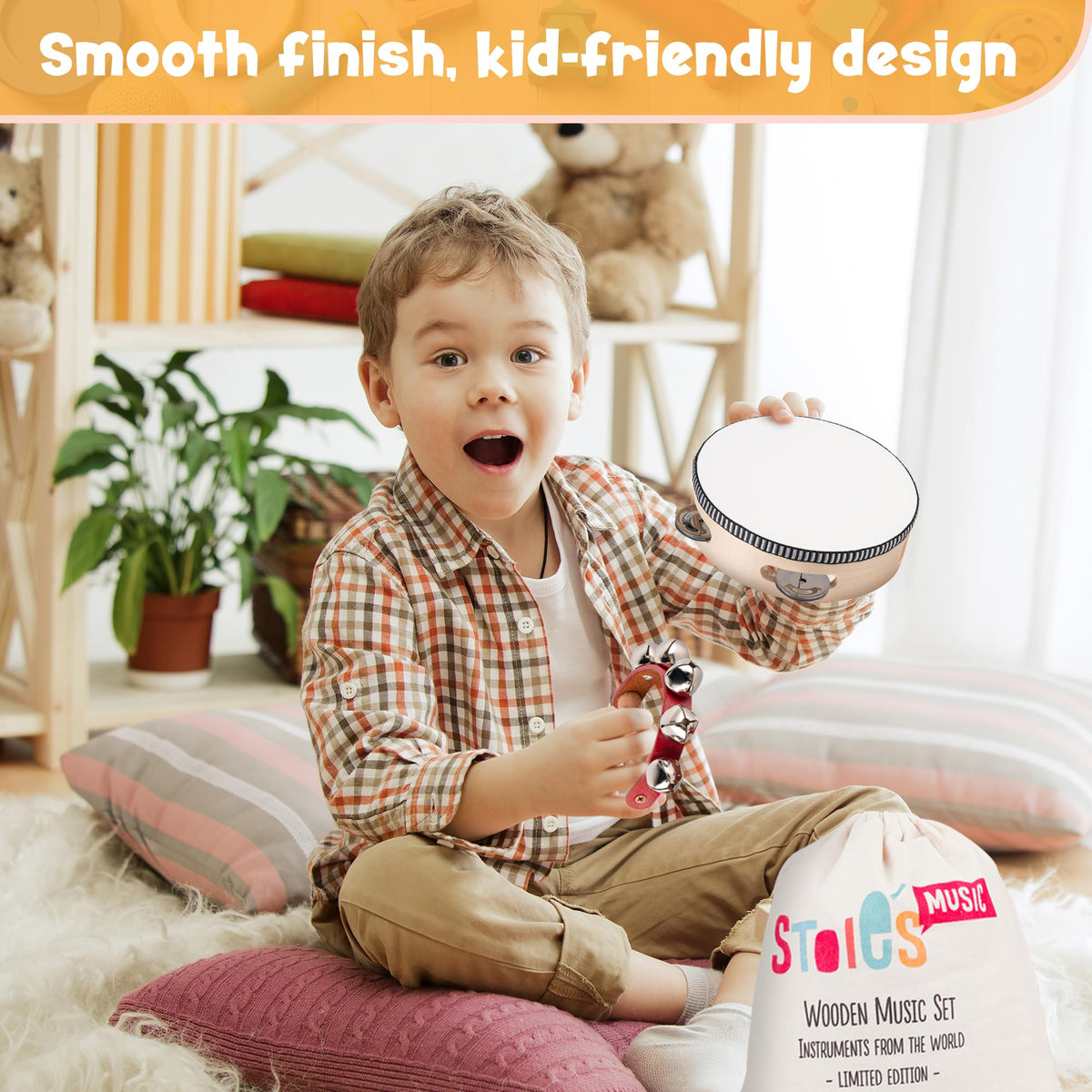 Stoie's Wooden Toddler Musical Instruments Set – Drum, Flute, Bells & More | Eco Friendly Montessori Toy