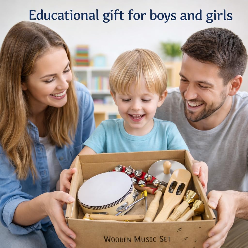 Stoie's Wooden Toddler Musical Instruments Set – Drum, Flute, Bells & More | Eco Friendly Montessori Toy