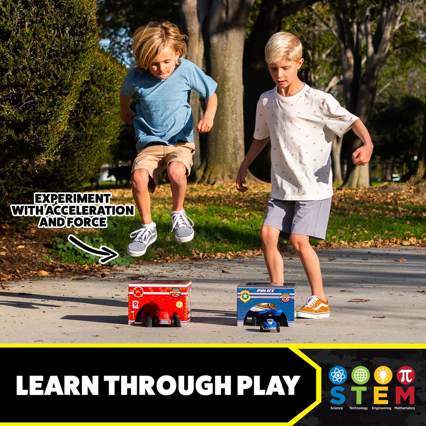 Stomp Rocket Original Stomp Rescue Racers — Firetruck & Police Car Duet with 2 Launchers & 2 Tunnels