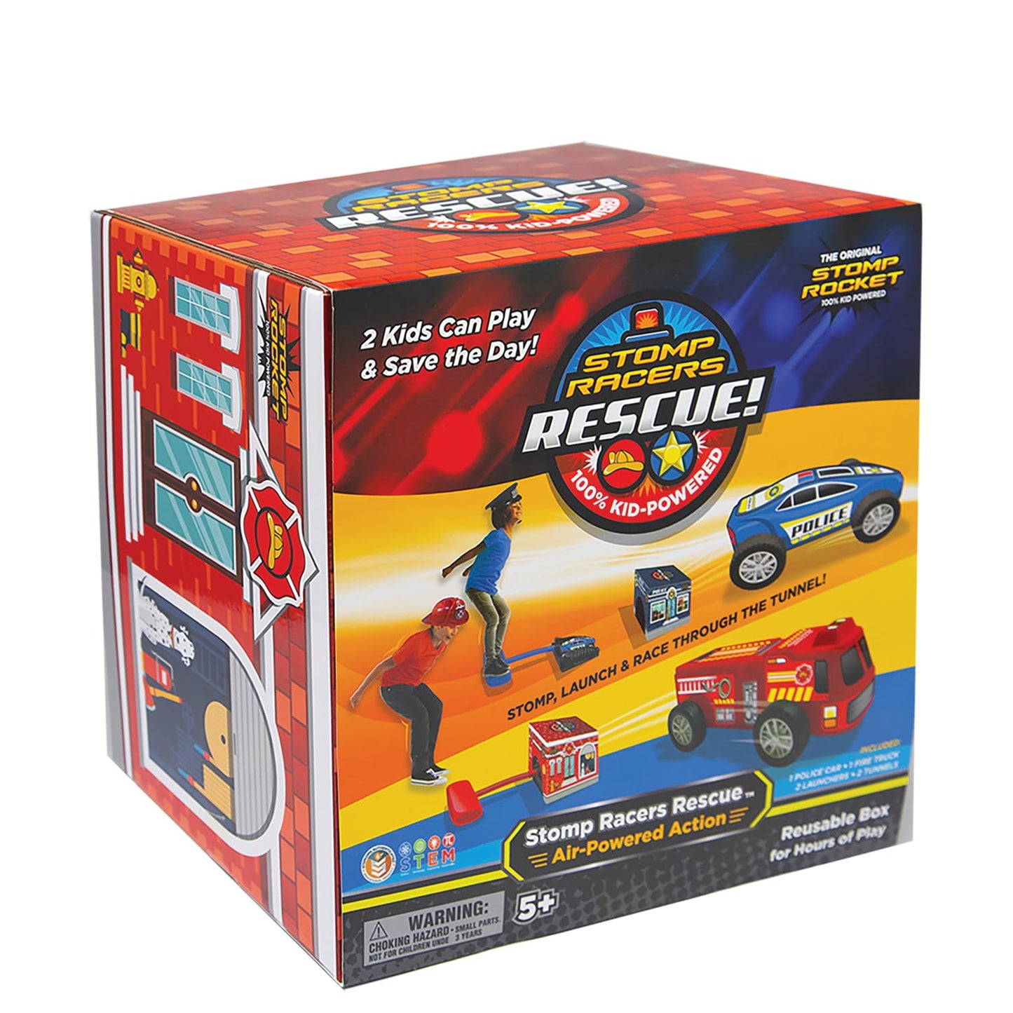 Stomp Rocket Original Stomp Rescue Racers — Firetruck & Police Car Duet with 2 Launchers & 2 Tunnels