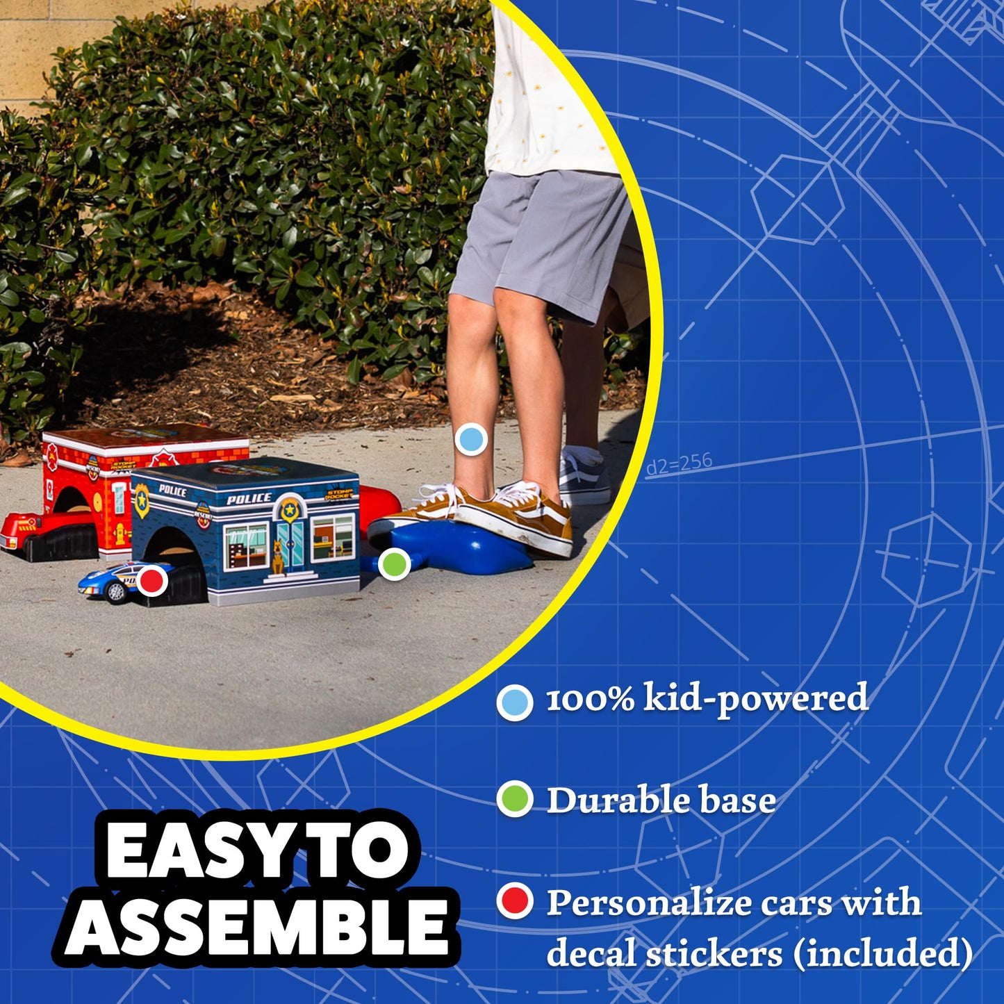 Stomp Rocket Original Stomp Rescue Racers — Firetruck & Police Car Duet with 2 Launchers & 2 Tunnels