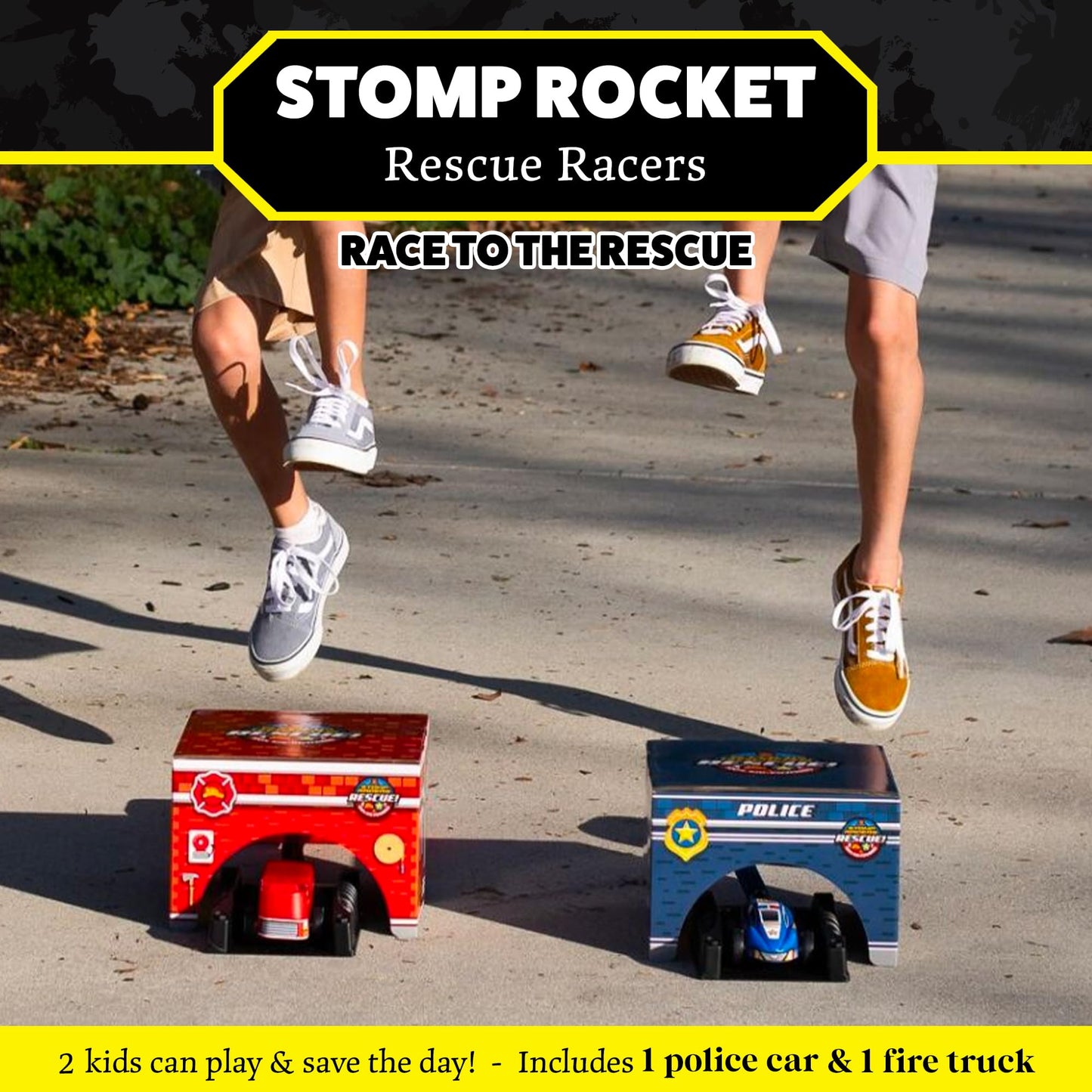 Stomp Rocket Original Stomp Rescue Racers — Firetruck & Police Car Duet with 2 Launchers & 2 Tunnels