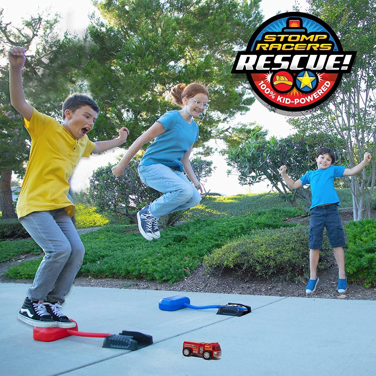 Stomp Rocket Original Stomp Rescue Racers — Firetruck & Police Car Duet with 2 Launchers & 2 Tunnels