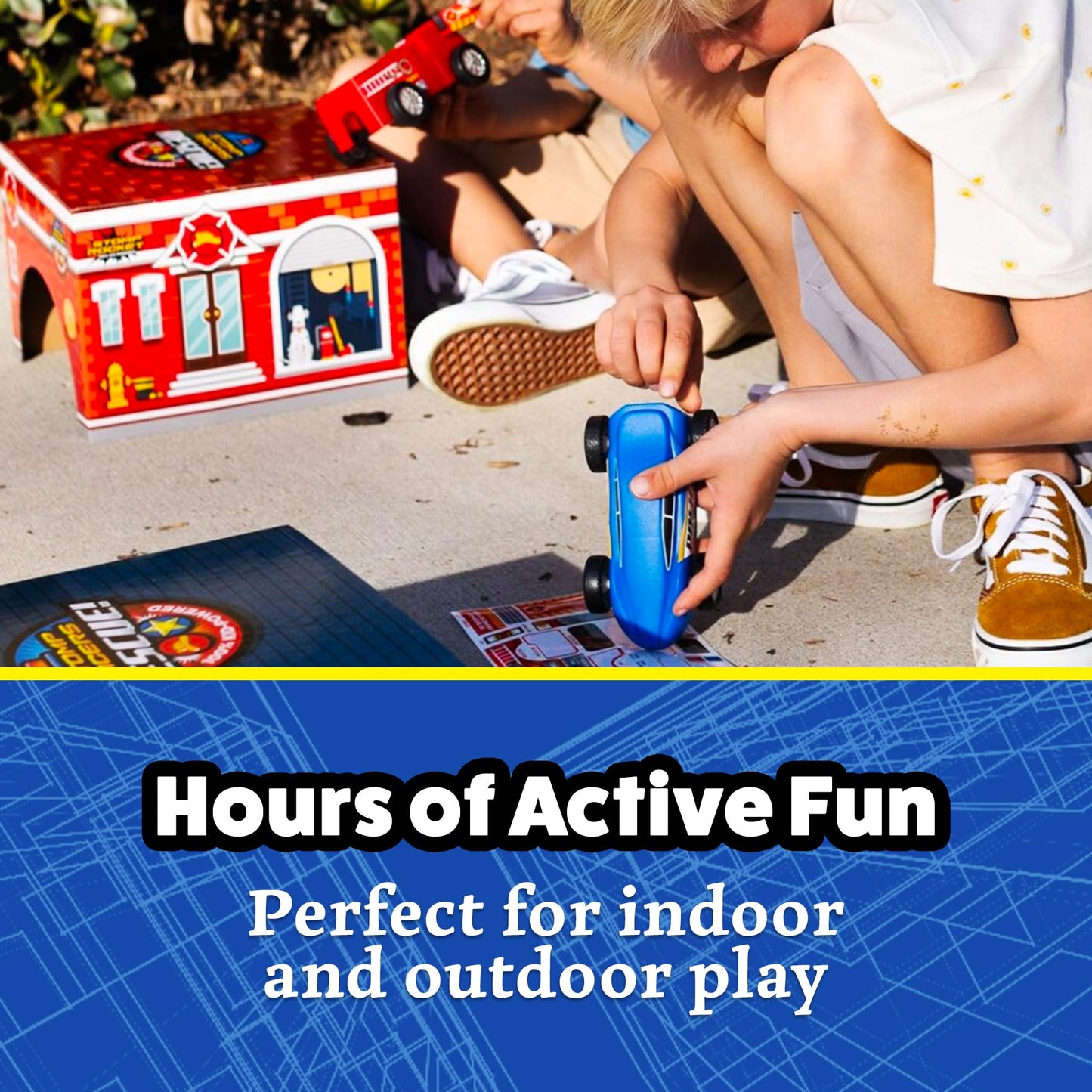 Stomp Rocket Original Stomp Rescue Racers — Firetruck & Police Car Duet with 2 Launchers & 2 Tunnels