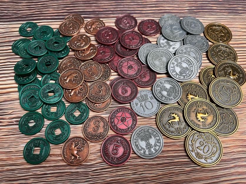 Stonemaier Games Metal Coins (Scythe & Expeditions) – 80 Zinc Alloy Denomination Coins