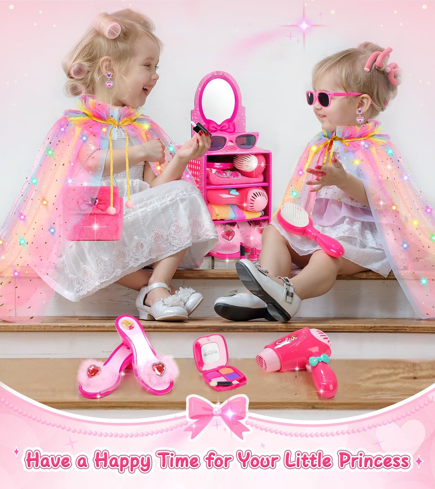 STOPKLAS Princess Light Up Cape & Dress-Up Shoes – Kids Pretend Makeup Set for Girls 3-6