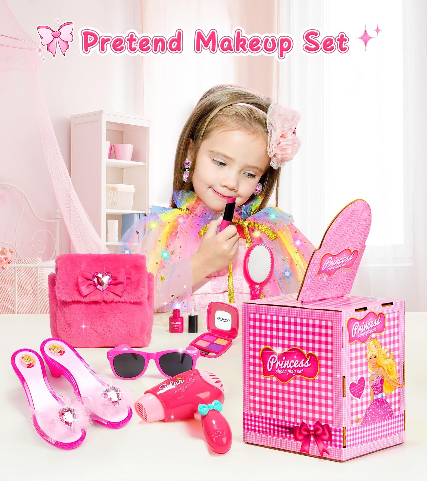 STOPKLAS Princess Light Up Cape & Dress-Up Shoes – Kids Pretend Makeup Set for Girls 3-6