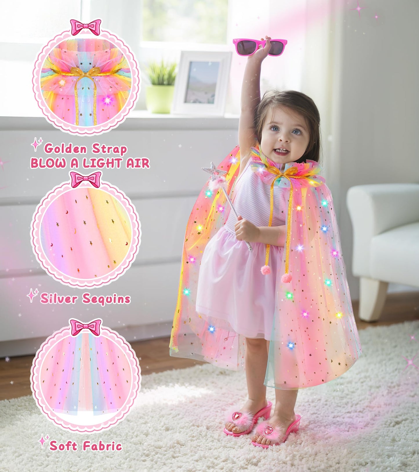 STOPKLAS Princess Light Up Cape & Dress-Up Shoes – Kids Pretend Makeup Set for Girls 3-6
