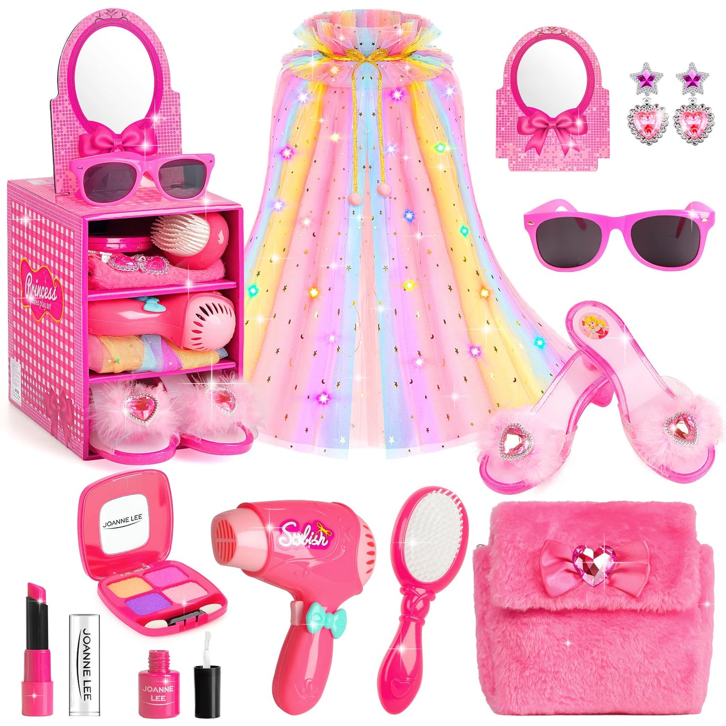 STOPKLAS Princess Light Up Cape & Dress-Up Shoes – Kids Pretend Makeup Set for Girls 3-6
