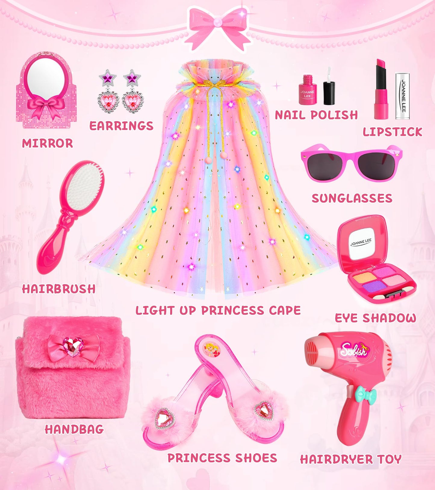 STOPKLAS Princess Light Up Cape & Dress-Up Shoes – Kids Pretend Makeup Set for Girls 3-6
