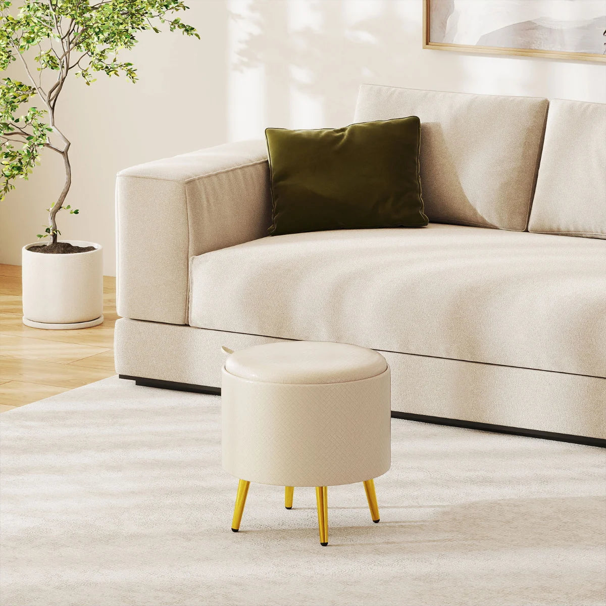 Storage Ottomans Set of 2 Leather Upholstered Round Footrests-Beige