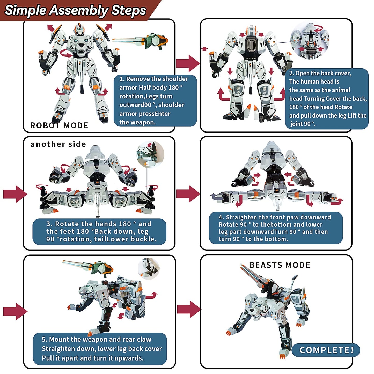 STOULKD Animal Transforming Robot Toy - Tiger Action Figure for Boys 6-12 (White)
