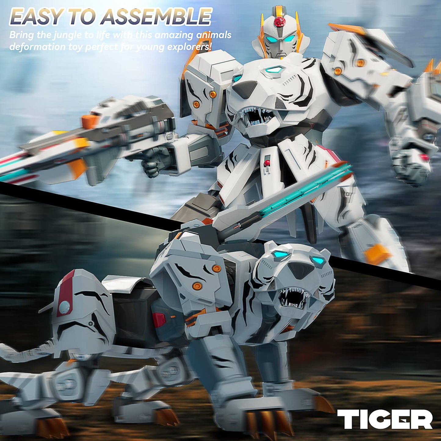 STOULKD Animal Transforming Robot Toy - Tiger Action Figure for Boys 6-12 (White)