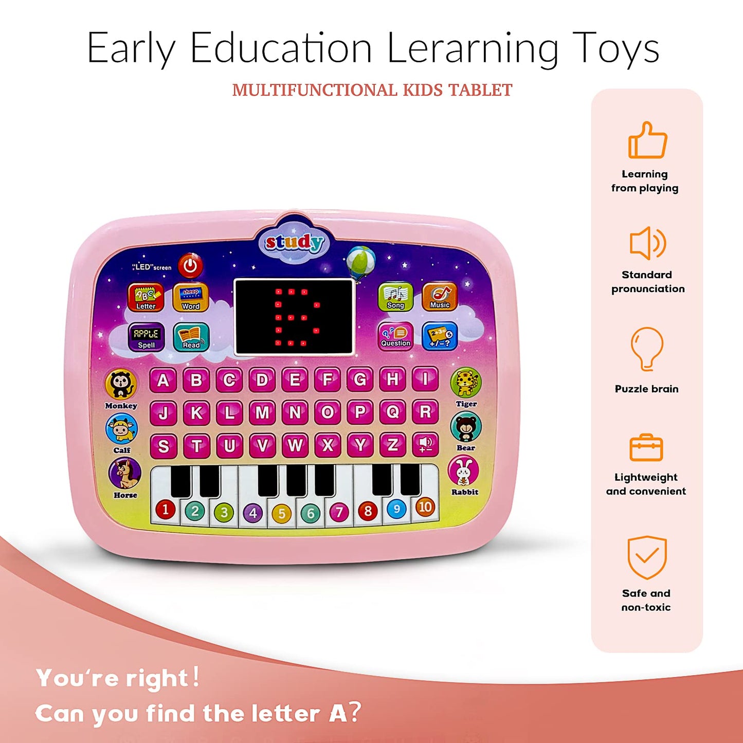 STOULKD Kid Tablet Toddler Learning Pad – Interactive Musical Educational Toy (Pink)