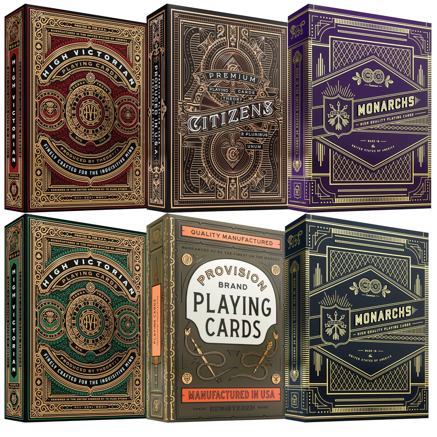 Theory11 Ultimate Collector’s 6-Deck Bundle | High Victorian Red/Green, Monarchs Purple/Blue, Provision, Citizens | Straight Poker Supplies