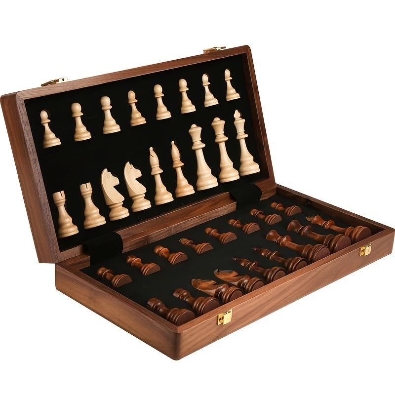 Strategyify 15-Inch Folding Walnut Chess Set with Storage – Tournament-Size Portable Board