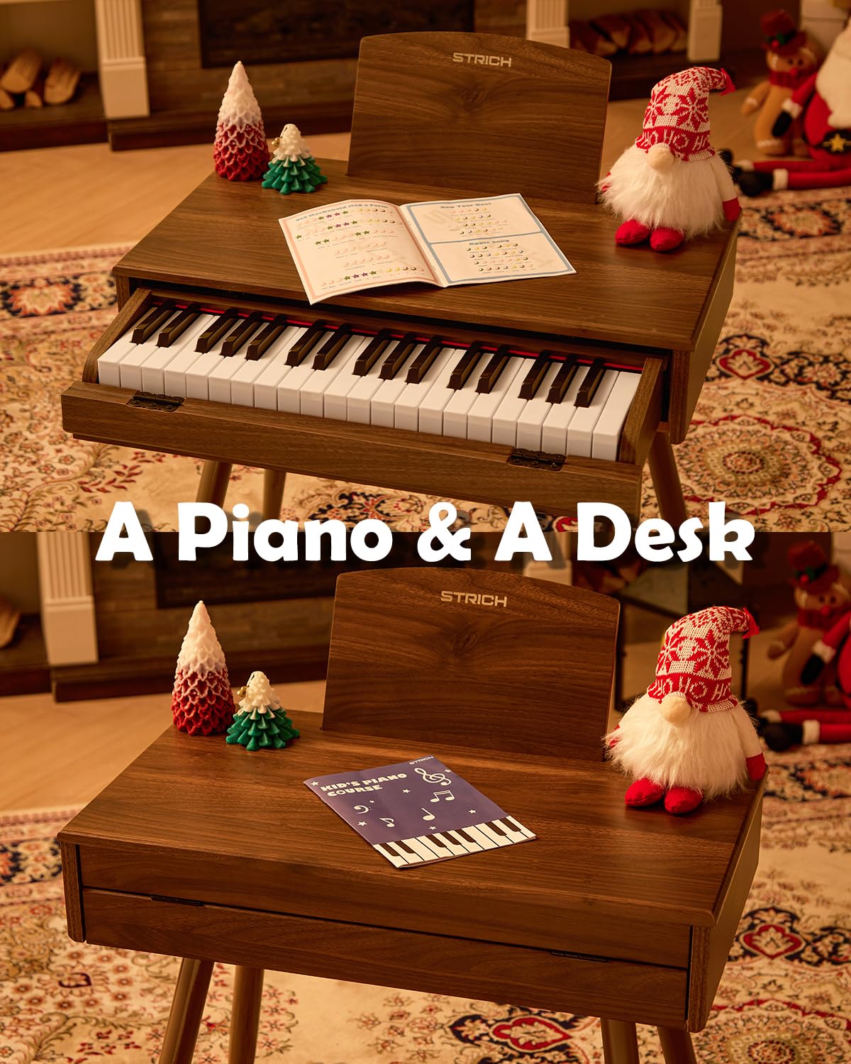 STRICH 37 Keys Kids Piano Keyboard Set – Walnut Mini Piano with Stand and Drawer