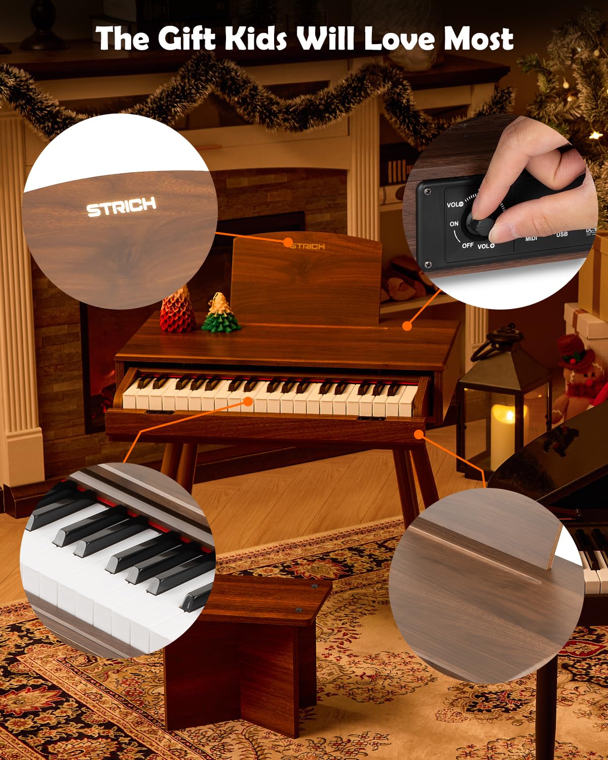 STRICH 37 Keys Kids Piano Keyboard Set – Walnut Mini Piano with Stand and Drawer