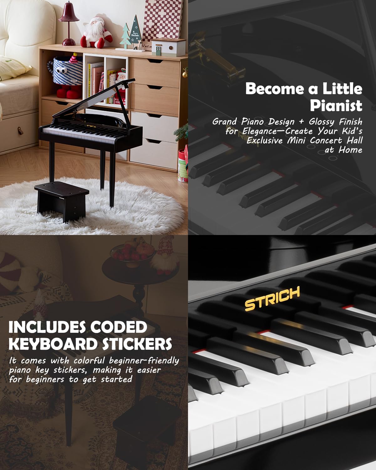 STRICH 37 Keys Kids Piano Keyboard Set – Mini Grand Digital Piano for Kids (3+) with Stand & Chair