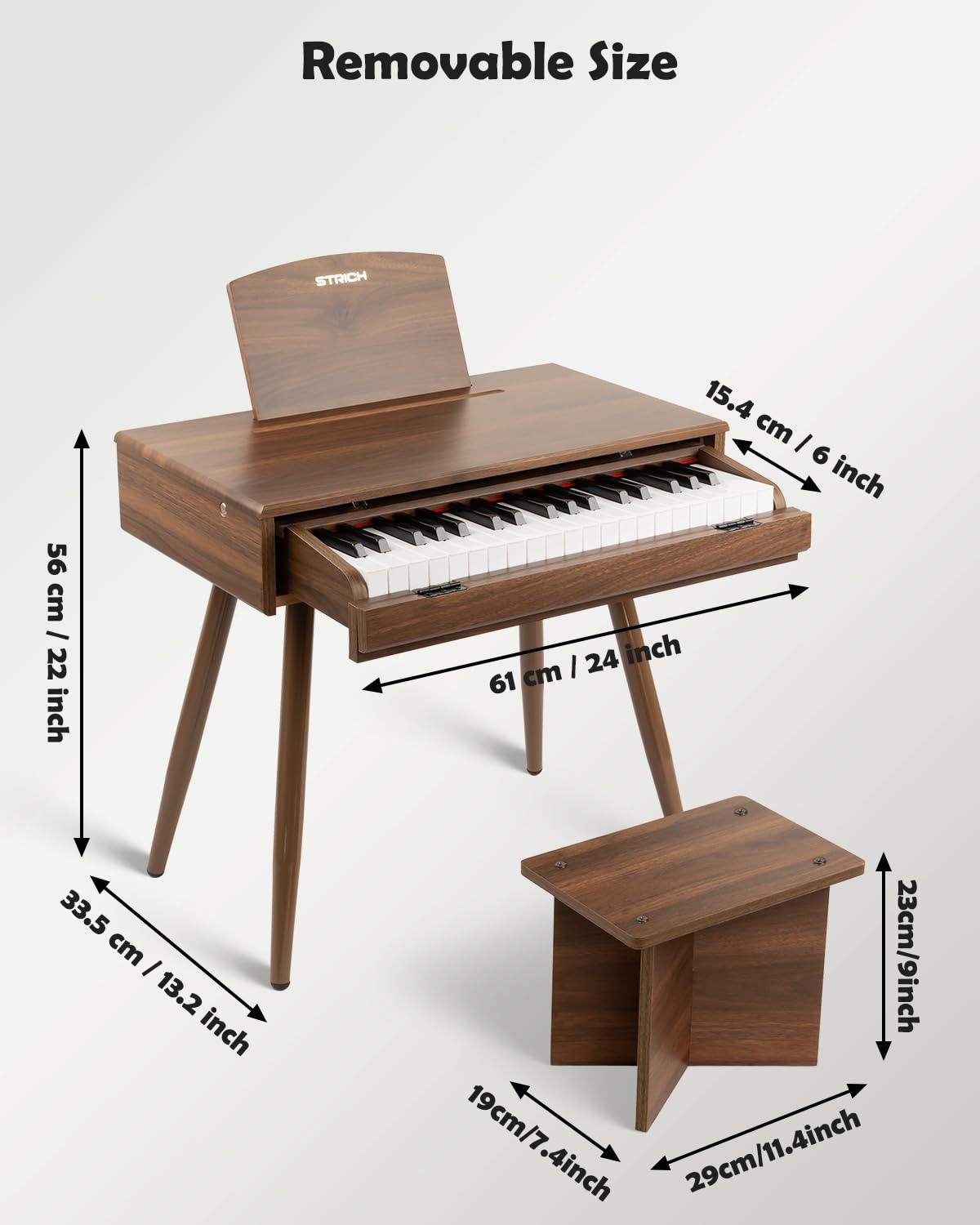 STRICH 37 Keys Kids Piano Keyboard Set – Walnut Mini Piano with Stand and Drawer