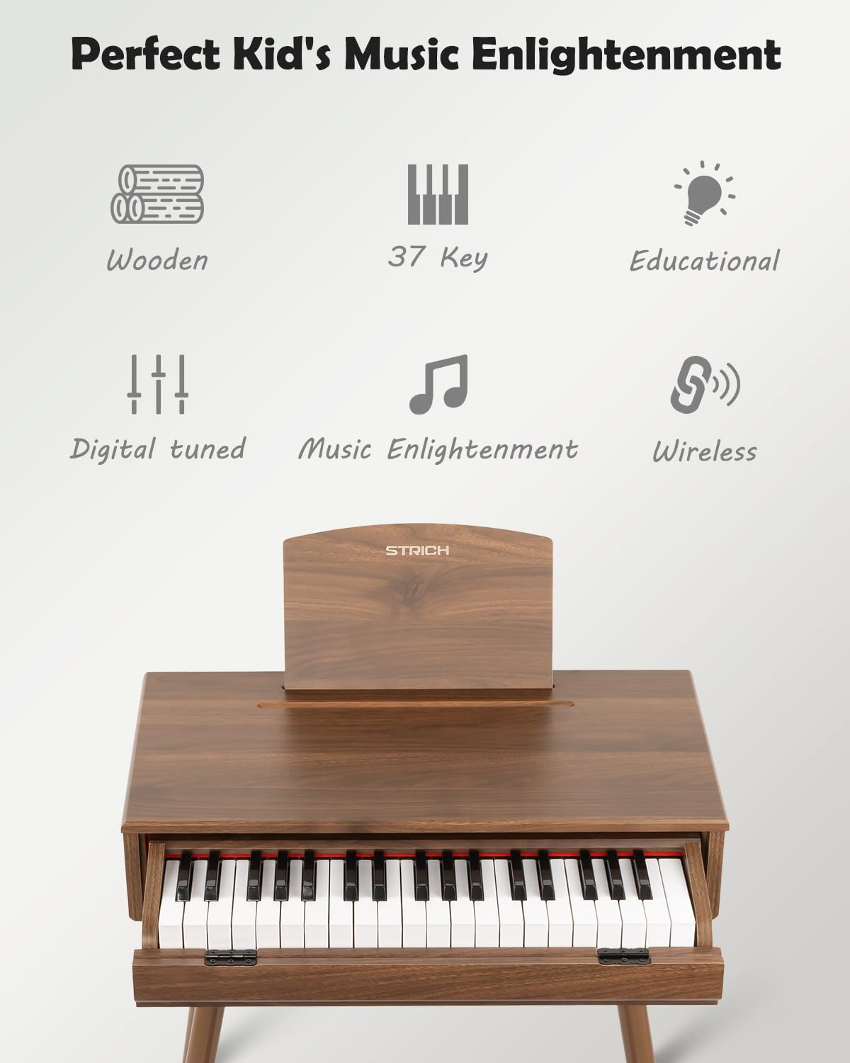 STRICH 37 Keys Kids Piano Keyboard Set – Walnut Mini Piano with Stand and Drawer