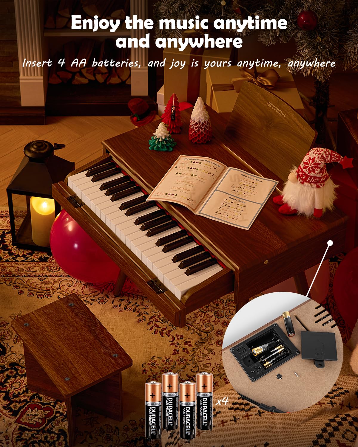 STRICH 37 Keys Kids Piano Keyboard Set – Walnut Mini Piano with Stand and Drawer