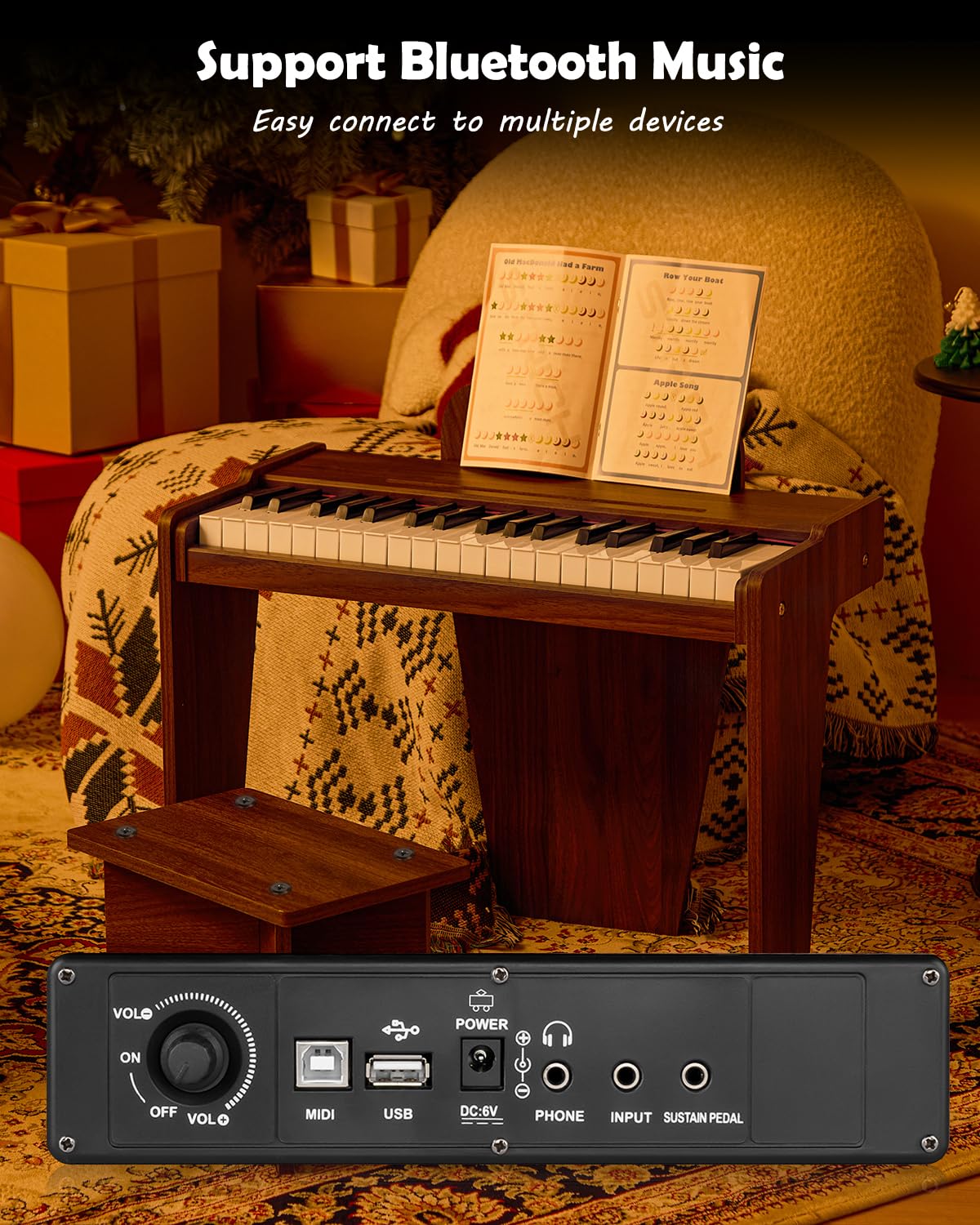 STRICH 37 Keys Kids Piano Keyboard Set — Wooden Mini Digital Piano for Kids 3+ (Walnut SEK-37S)