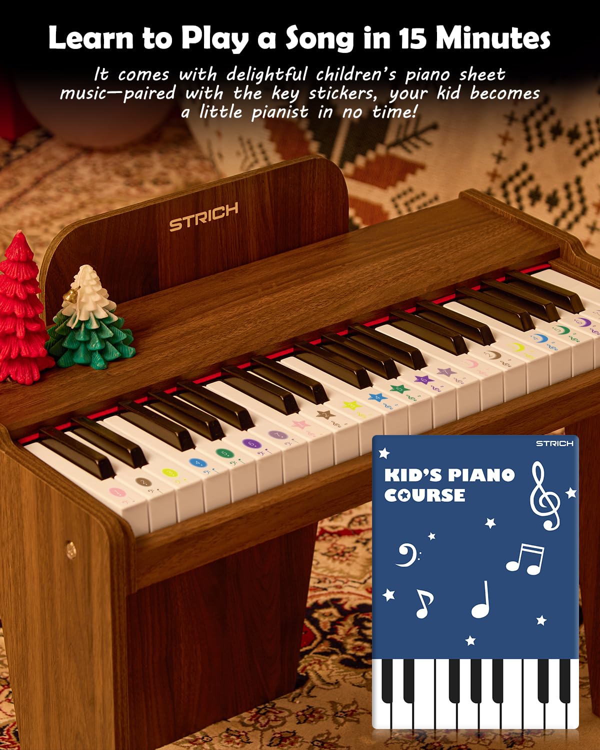 STRICH 37 Keys Kids Piano Keyboard Set — Wooden Mini Digital Piano for Kids 3+ (Walnut SEK-37S)