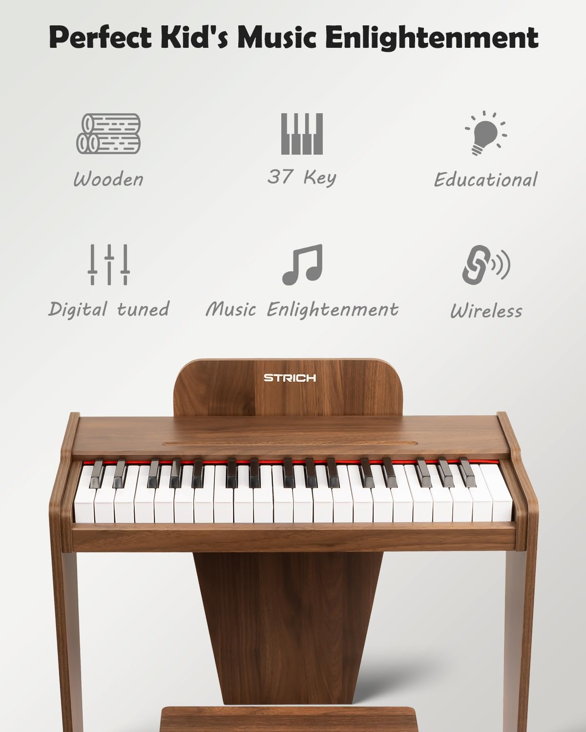STRICH 37 Keys Kids Piano Keyboard Set — Wooden Mini Digital Piano for Kids 3+ (Walnut SEK-37S)