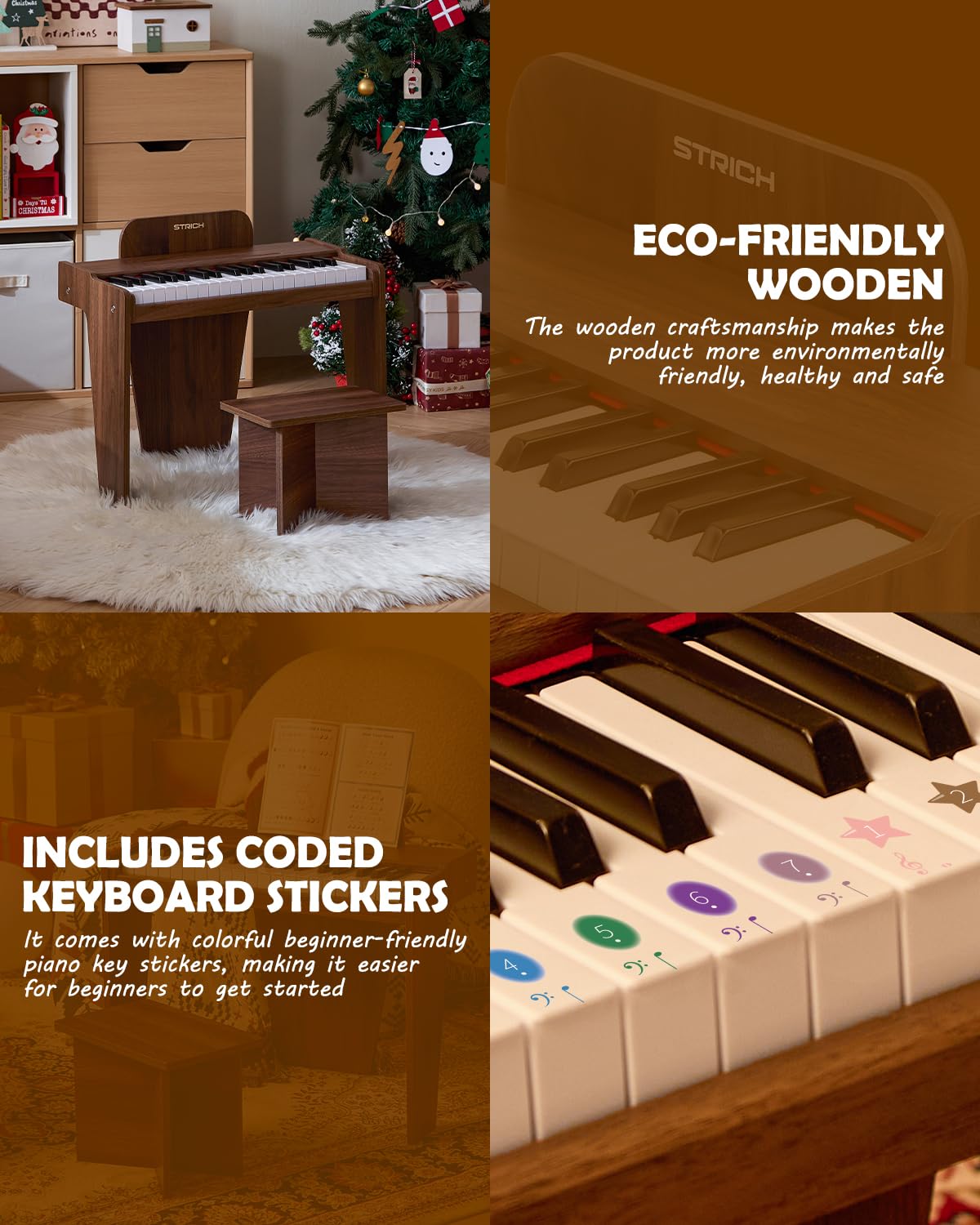 STRICH 37 Keys Kids Piano Keyboard Set — Wooden Mini Digital Piano for Kids 3+ (Walnut SEK-37S)