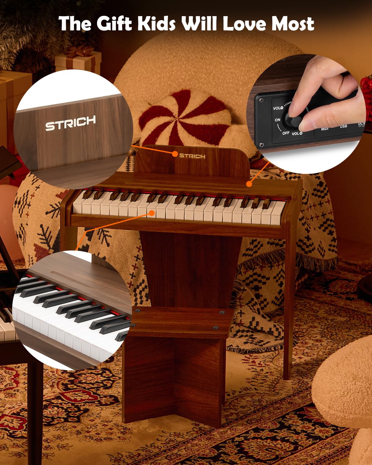 STRICH 37 Keys Kids Piano Keyboard Set — Wooden Mini Digital Piano for Kids 3+ (Walnut SEK-37S)