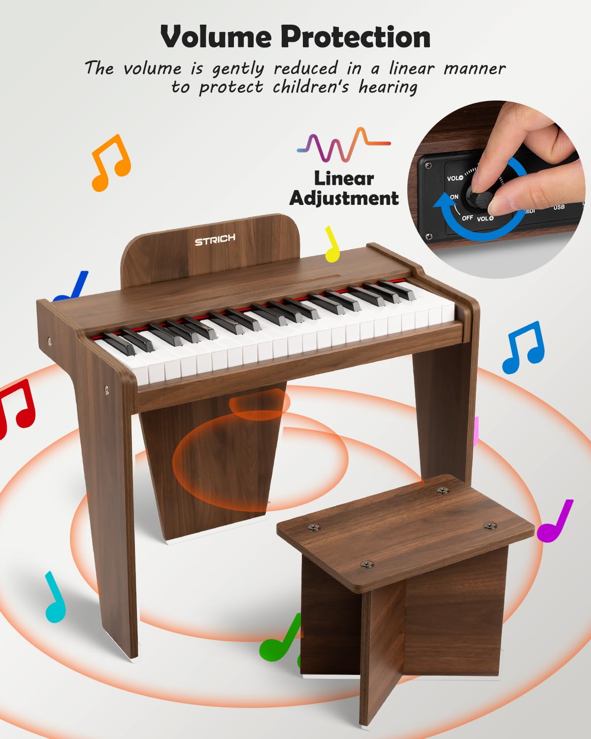 STRICH 37 Keys Kids Piano Keyboard Set — Wooden Mini Digital Piano for Kids 3+ (Walnut SEK-37S)