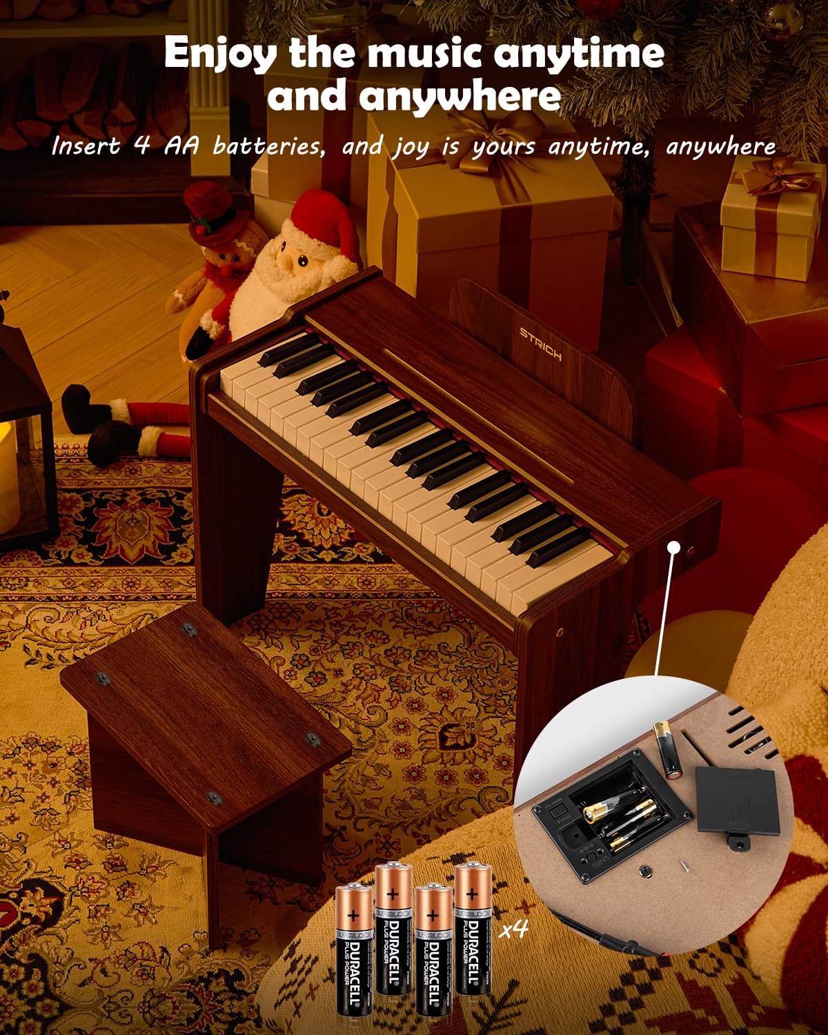 STRICH 37 Keys Kids Piano Keyboard Set — Wooden Mini Digital Piano for Kids 3+ (Walnut SEK-37S)