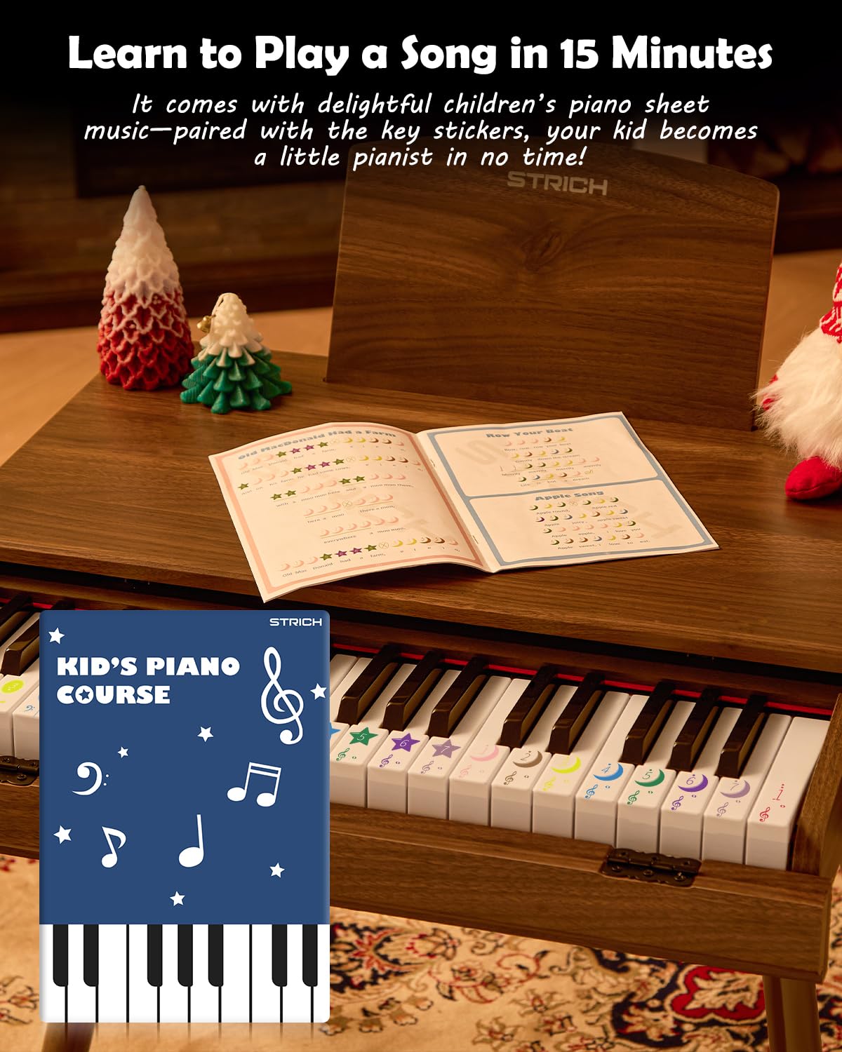 STRICH 37 Keys Kids Piano Keyboard Set – Walnut Mini Piano with Stand and Drawer