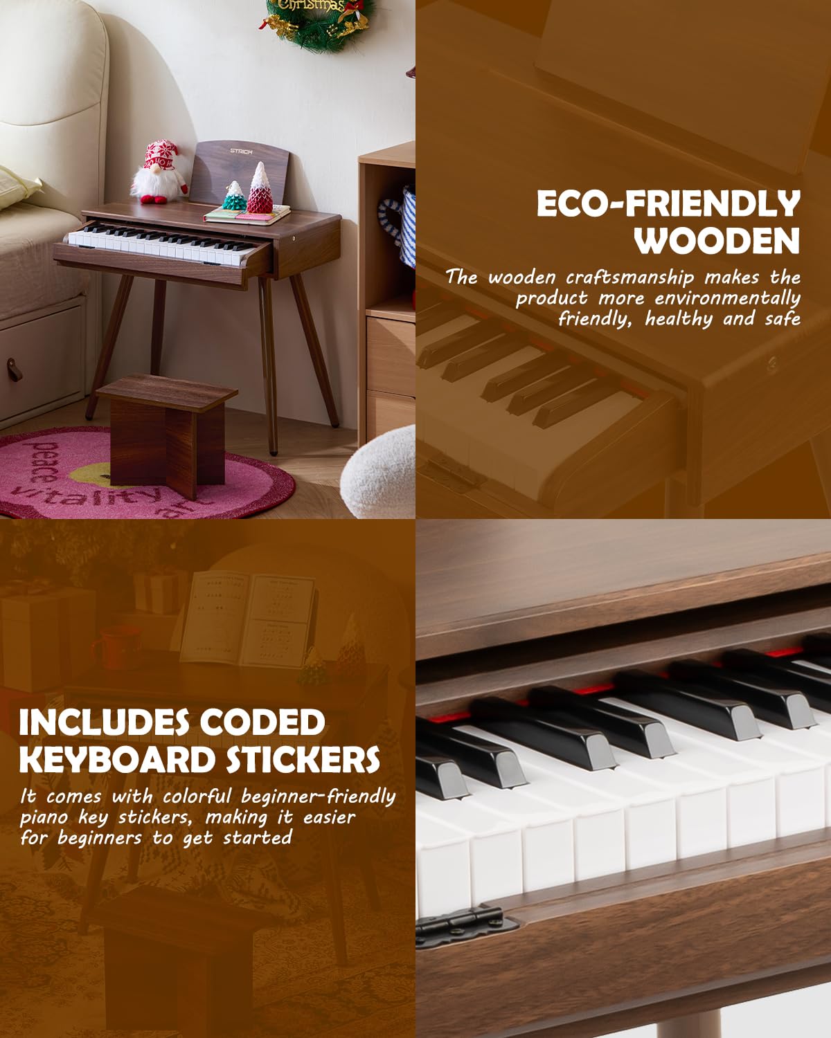 STRICH 37 Keys Kids Piano Keyboard Set – Walnut Mini Piano with Stand and Drawer