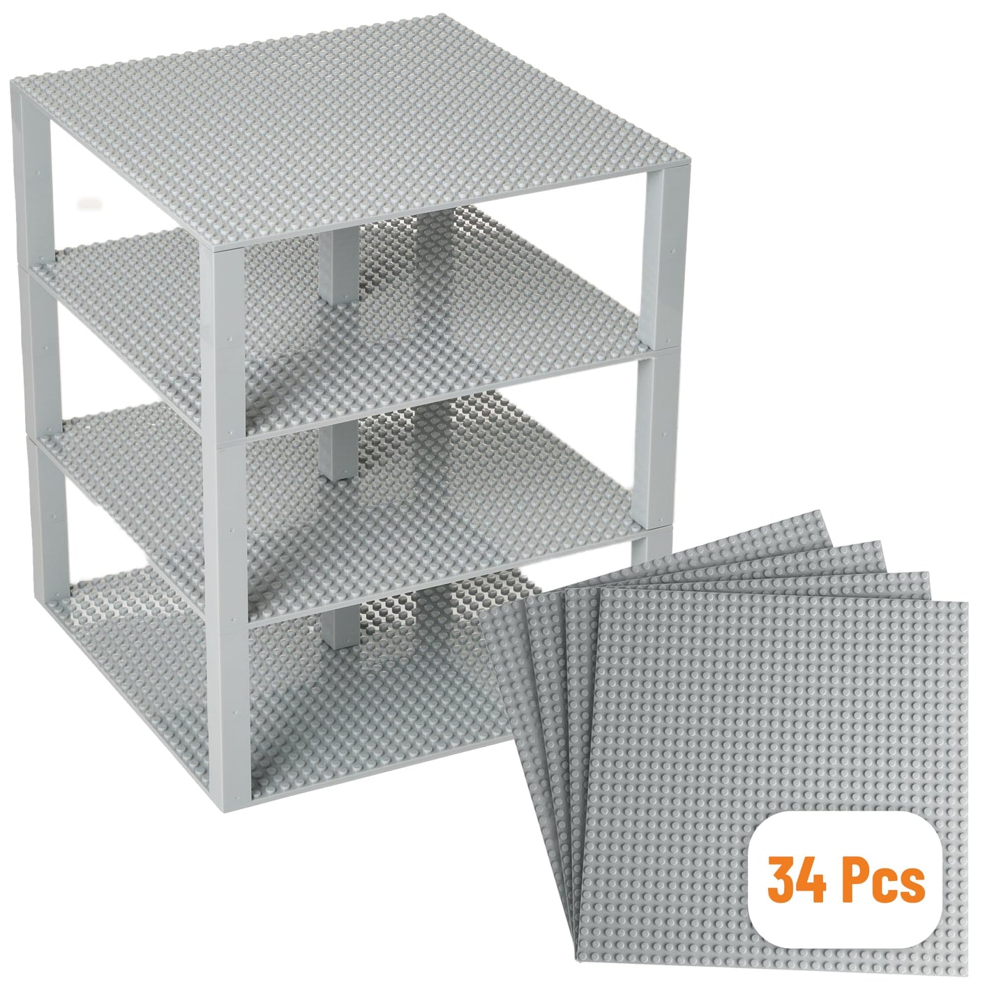 Strictly Briks Baseplate Set – 4 Light Grey 10x10 Baseplates with 30 Stackers, Lego Compatible