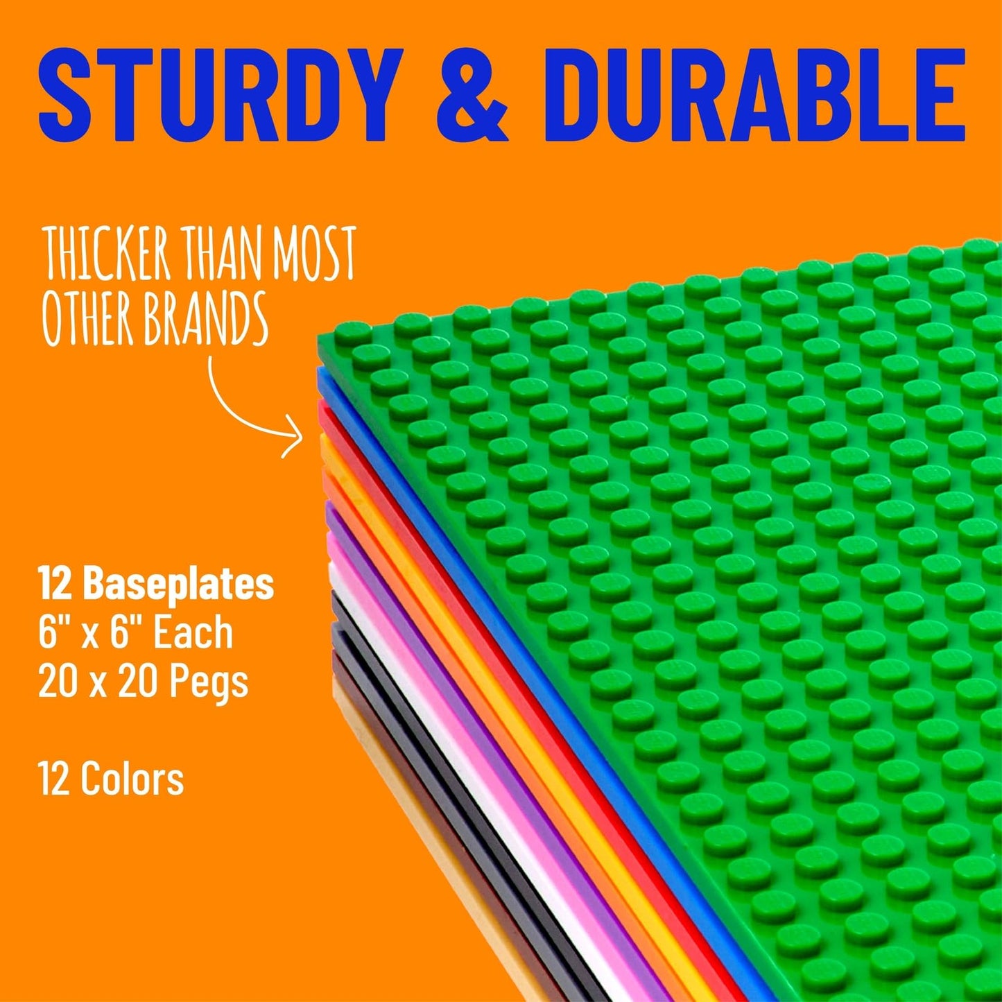 Strictly Briks Stackable Baseplates – 12 Pack, 6x6 in, 20x20 Stud, Rainbow, LEGO Compatible
