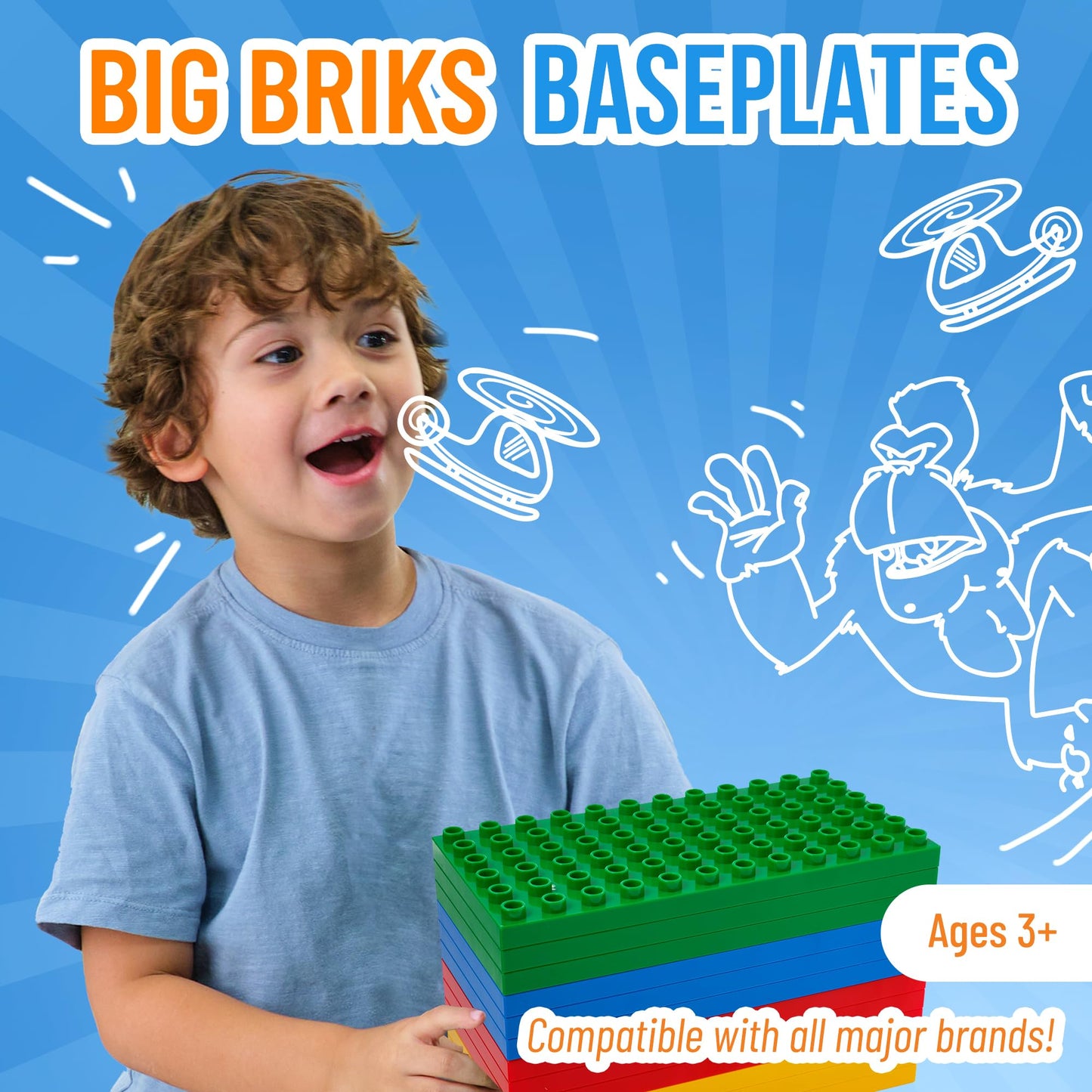 Strictly Briks Baseplates 12-Pack for Toddlers & Kids — Compatible with Lego Duplo, Flat Bottom Plates 7.5 x 3.75 in, Basic Colors