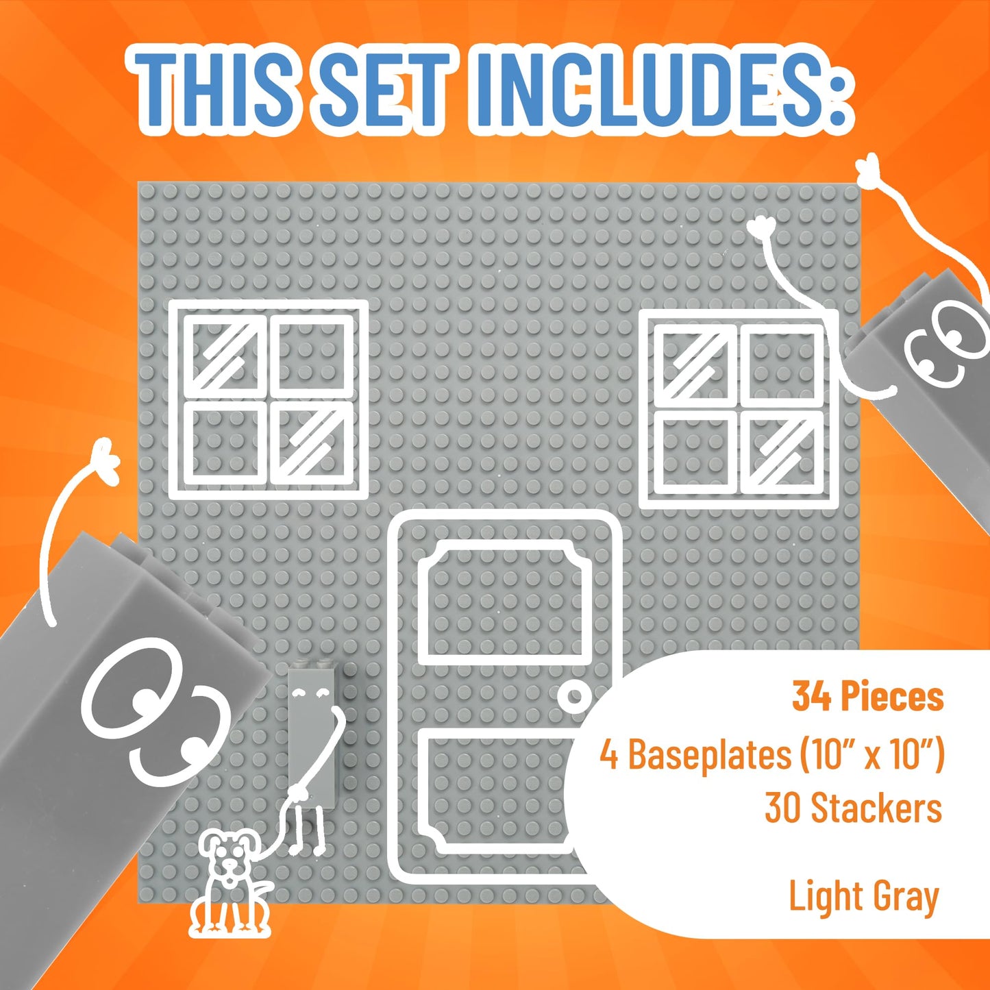 Strictly Briks Baseplate Set – 4 Light Grey 10x10 Baseplates with 30 Stackers, Lego Compatible
