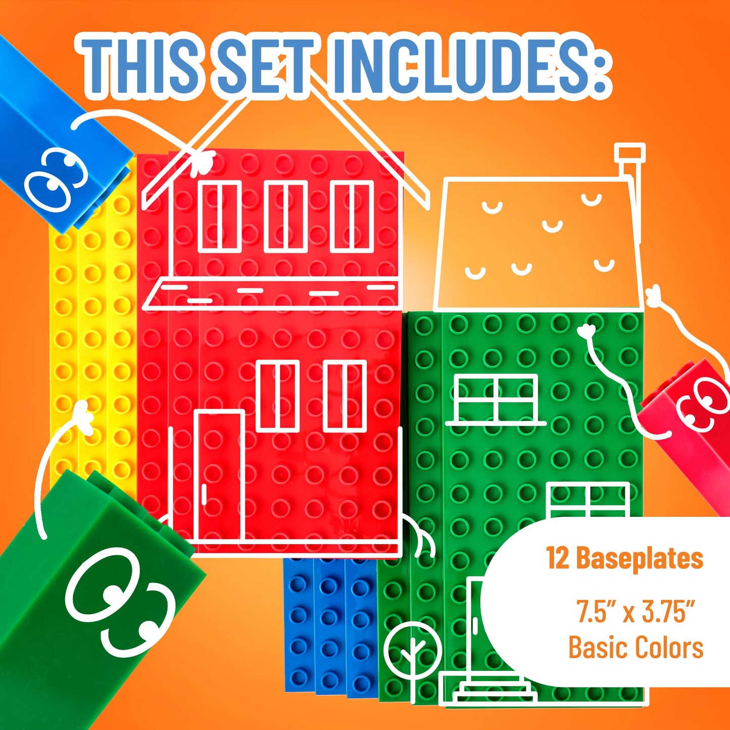 Strictly Briks Baseplates 12-Pack for Toddlers & Kids — Compatible with Lego Duplo, Flat Bottom Plates 7.5 x 3.75 in, Basic Colors
