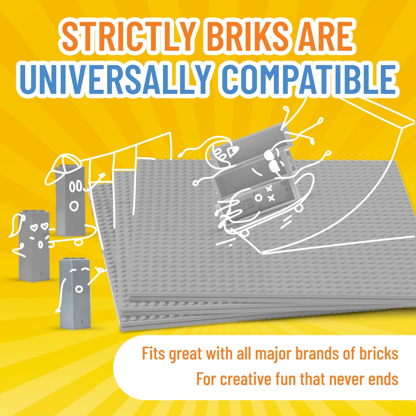 Strictly Briks Baseplate Set – 4 Light Grey 10x10 Baseplates with 30 Stackers, Lego Compatible