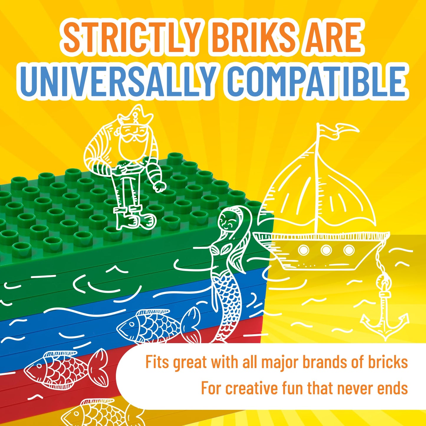Strictly Briks Baseplates 12-Pack for Toddlers & Kids — Compatible with Lego Duplo, Flat Bottom Plates 7.5 x 3.75 in, Basic Colors