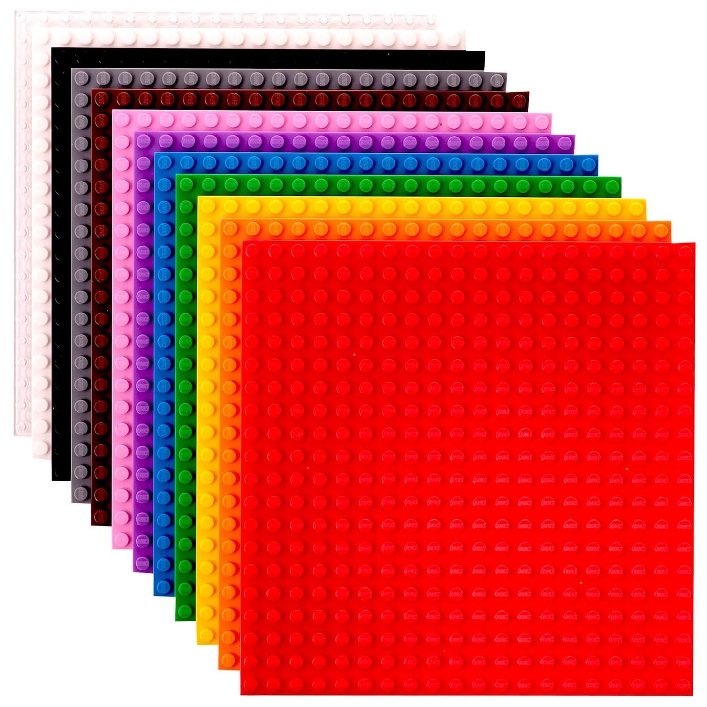Strictly Briks Stackable Baseplates – 12 Pack, 6x6 in, 20x20 Stud, Rainbow, LEGO Compatible