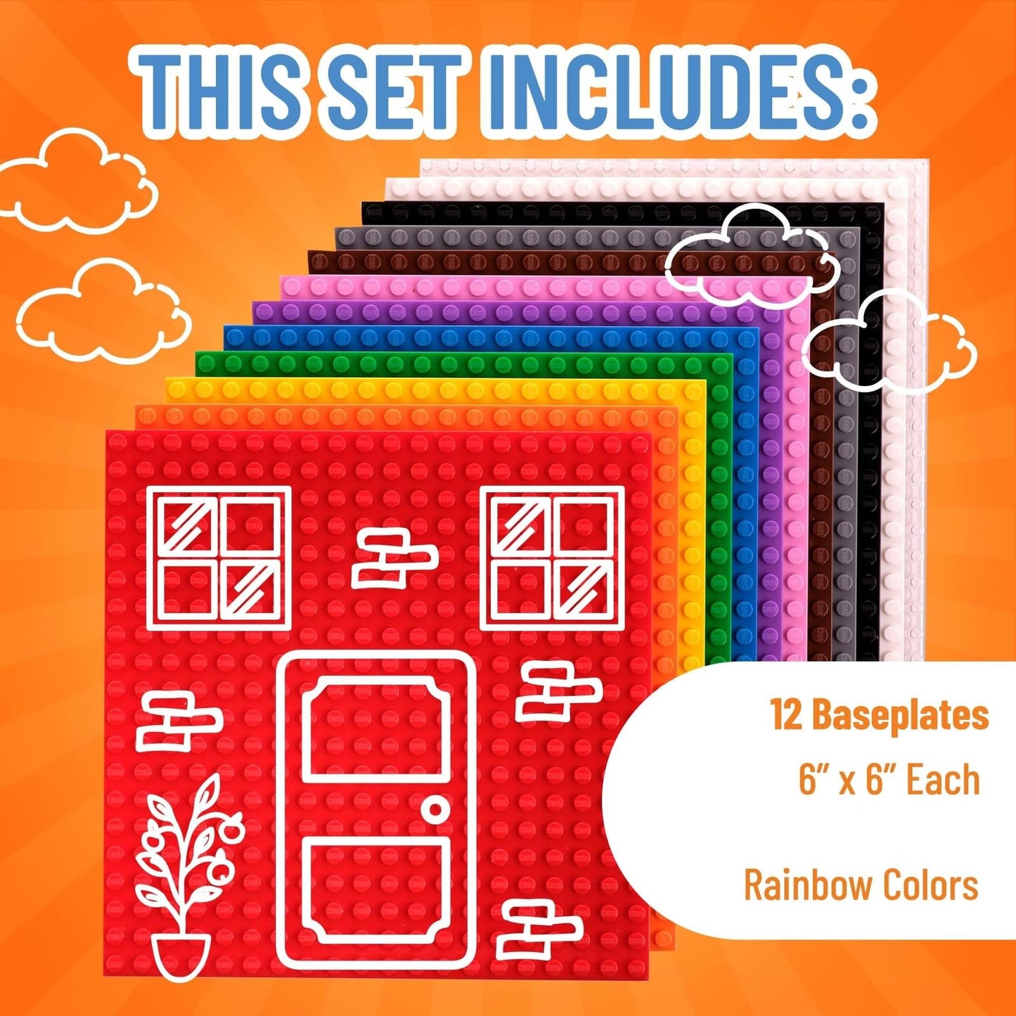 Strictly Briks Stackable Baseplates – 12 Pack, 6x6 in, 20x20 Stud, Rainbow, LEGO Compatible