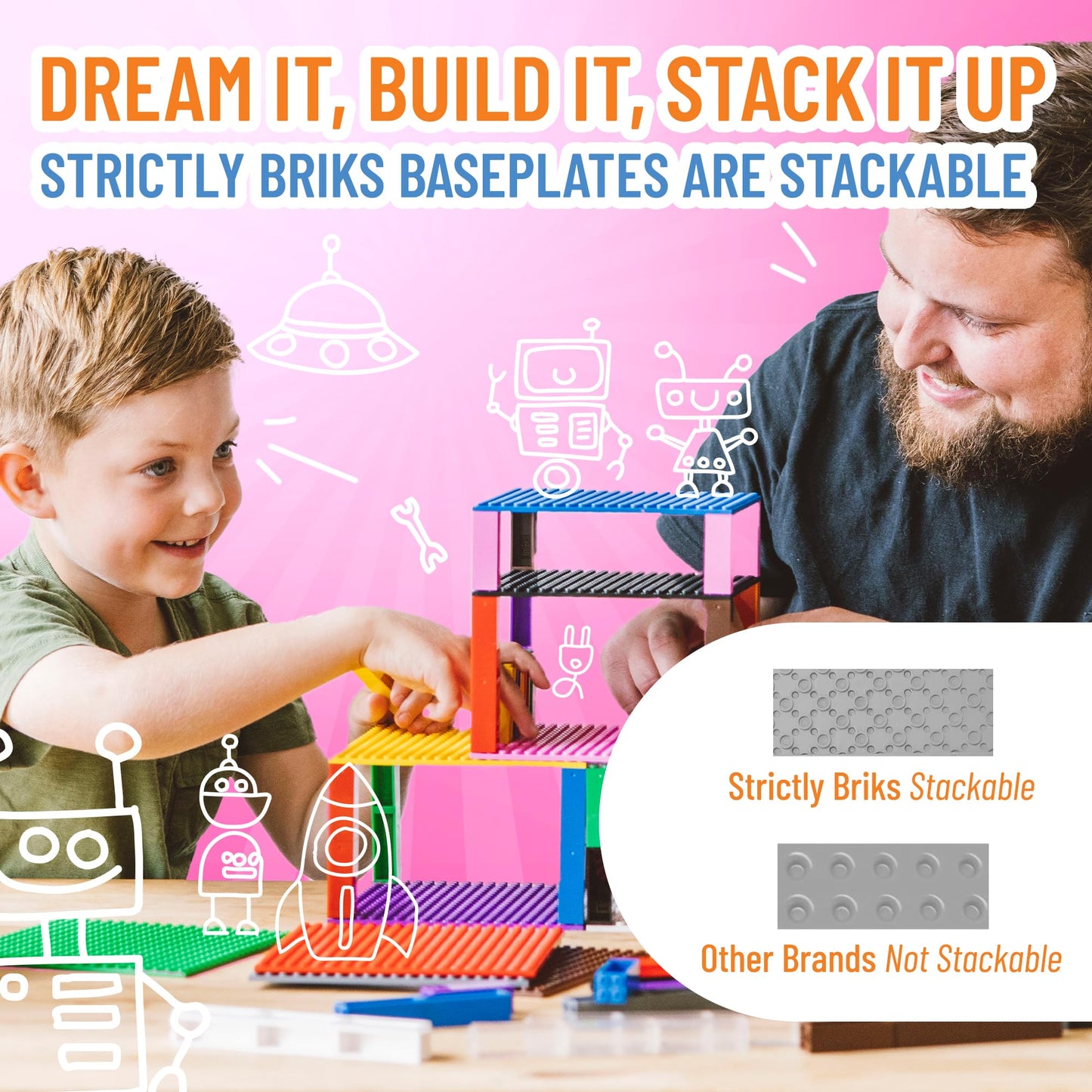 Strictly Briks Baseplate Set – 4 Light Grey 10x10 Baseplates with 30 Stackers, Lego Compatible