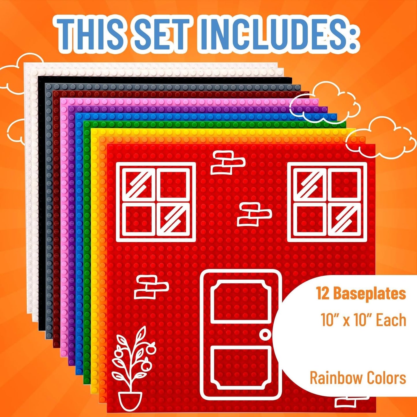 Strictly Briks Stackable Rainbow Baseplates – 12 Pack 10x10, 32x32 Studs, LEGO Compatible